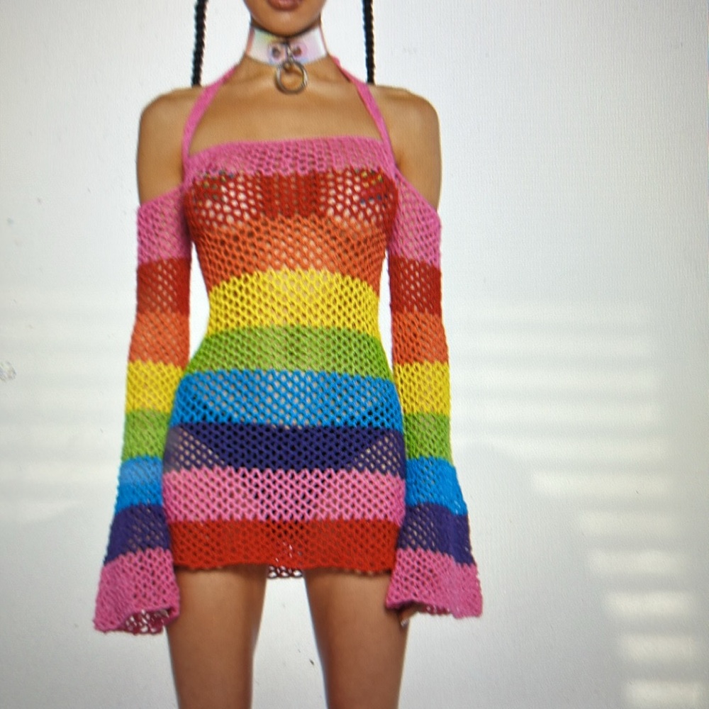 Dolls Kill pastel stripe bell sleeved crochet  mini dress small new with tag